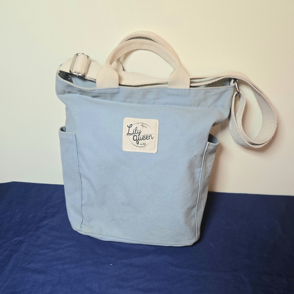 Lily Queen Light Blue Canvas Tote Bag With Cream Strap And Handles